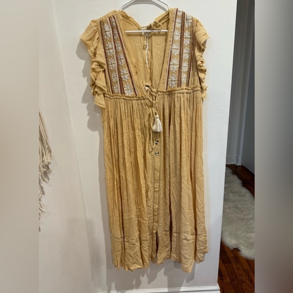 Free People Will Wait For You Yellow V Neck Floral Ruffle Boho Midi Dress SZ XS - Picture 5 of 12